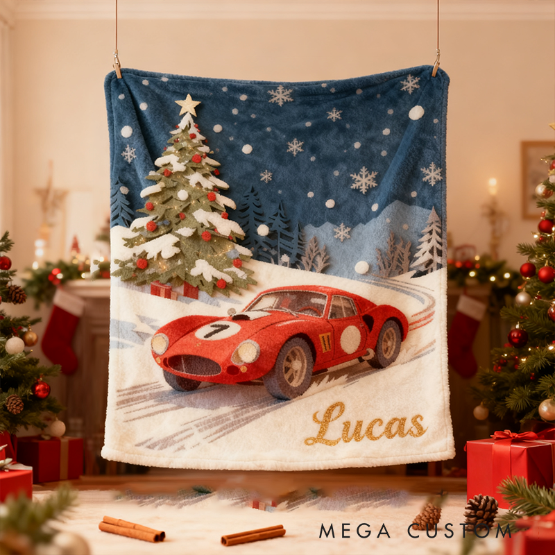 Personalized Christmas Racing Car Blanket Custom Name Winter Throw for Car Lovers Holiday Gift Home Decor