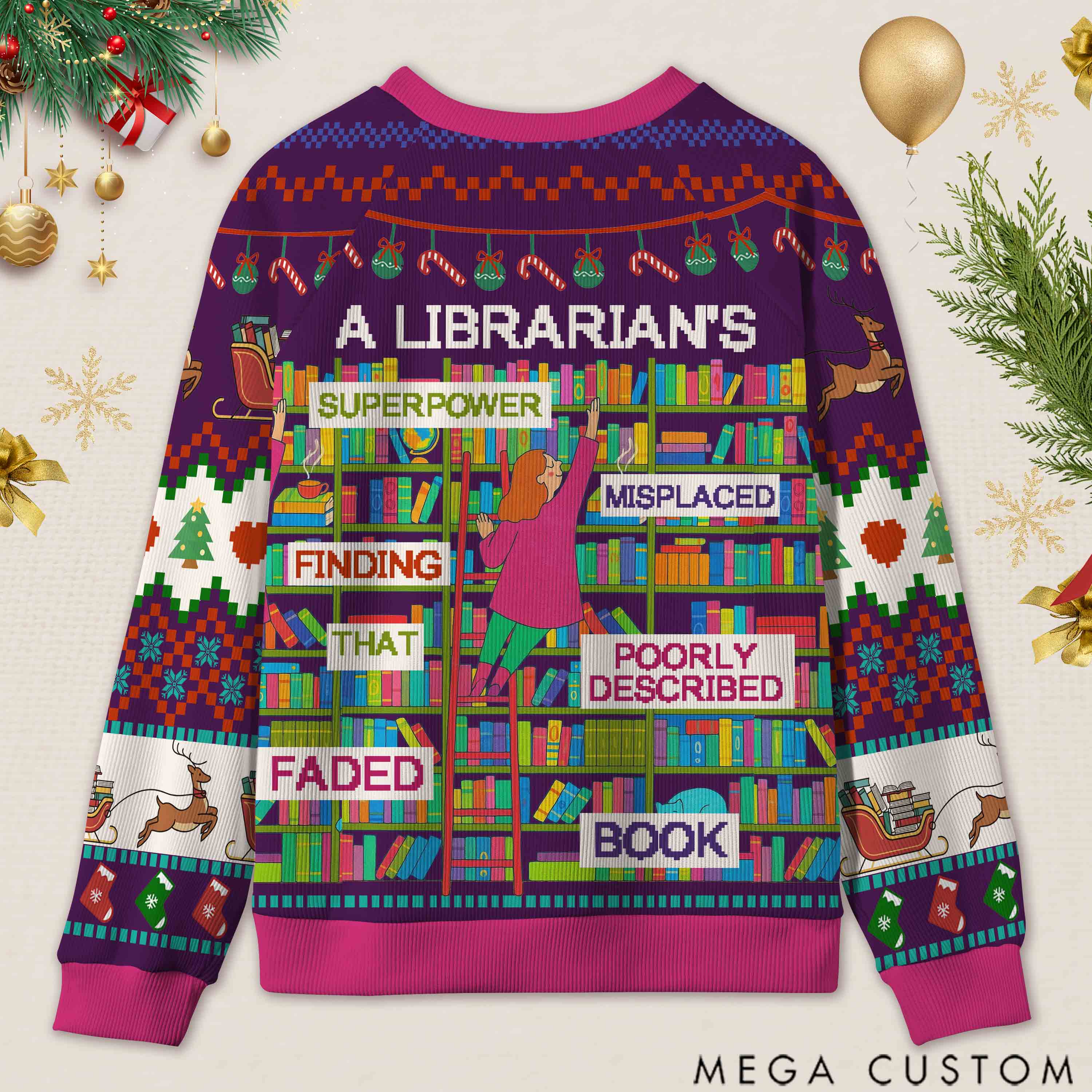 Personalized Librarian Superpowers Funny Ugly Sweater Office Holiday Party Gift for librarian