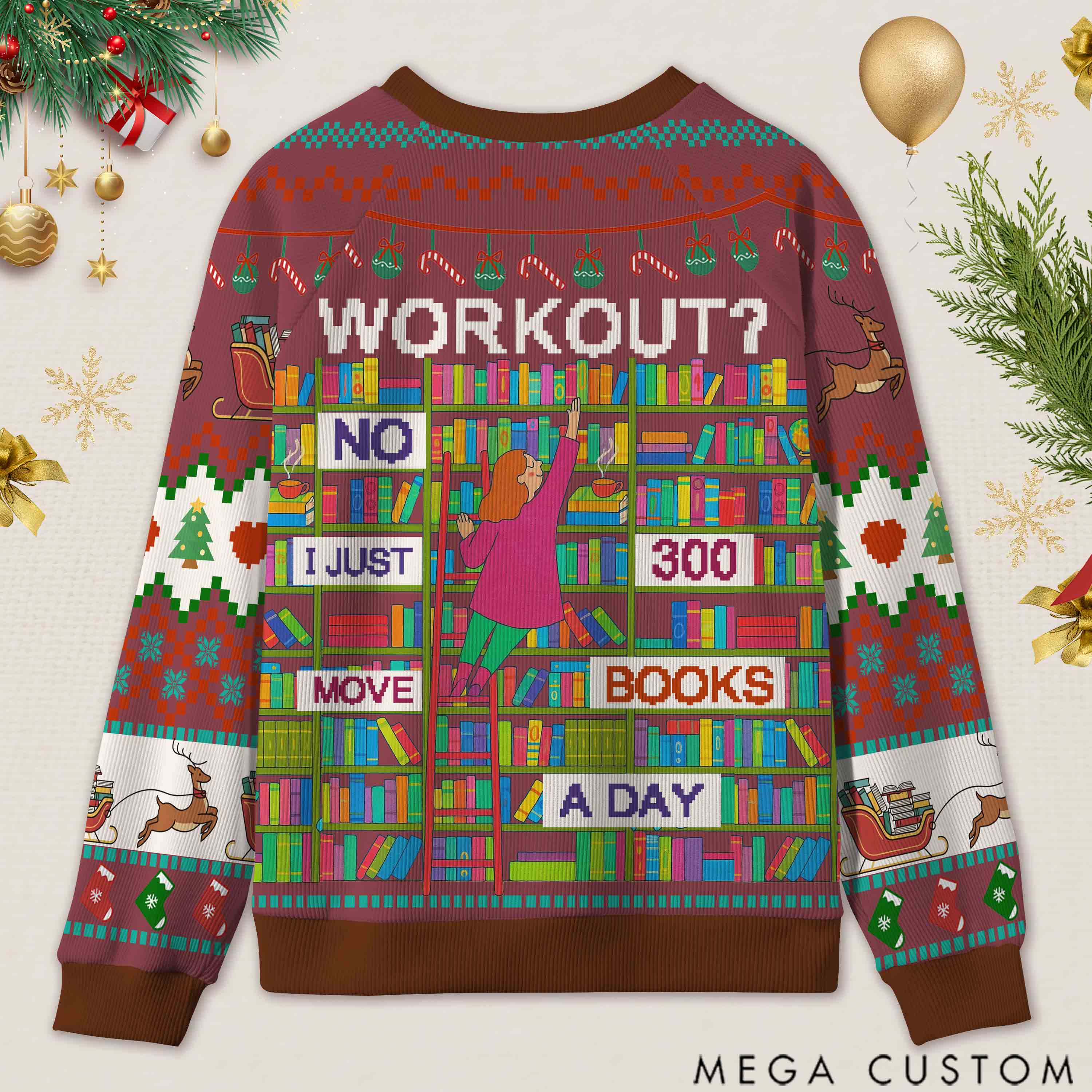 Personalized Book Lifting Workout Humor Ugly Sweater Office Holiday Party Gift for Book Lovers