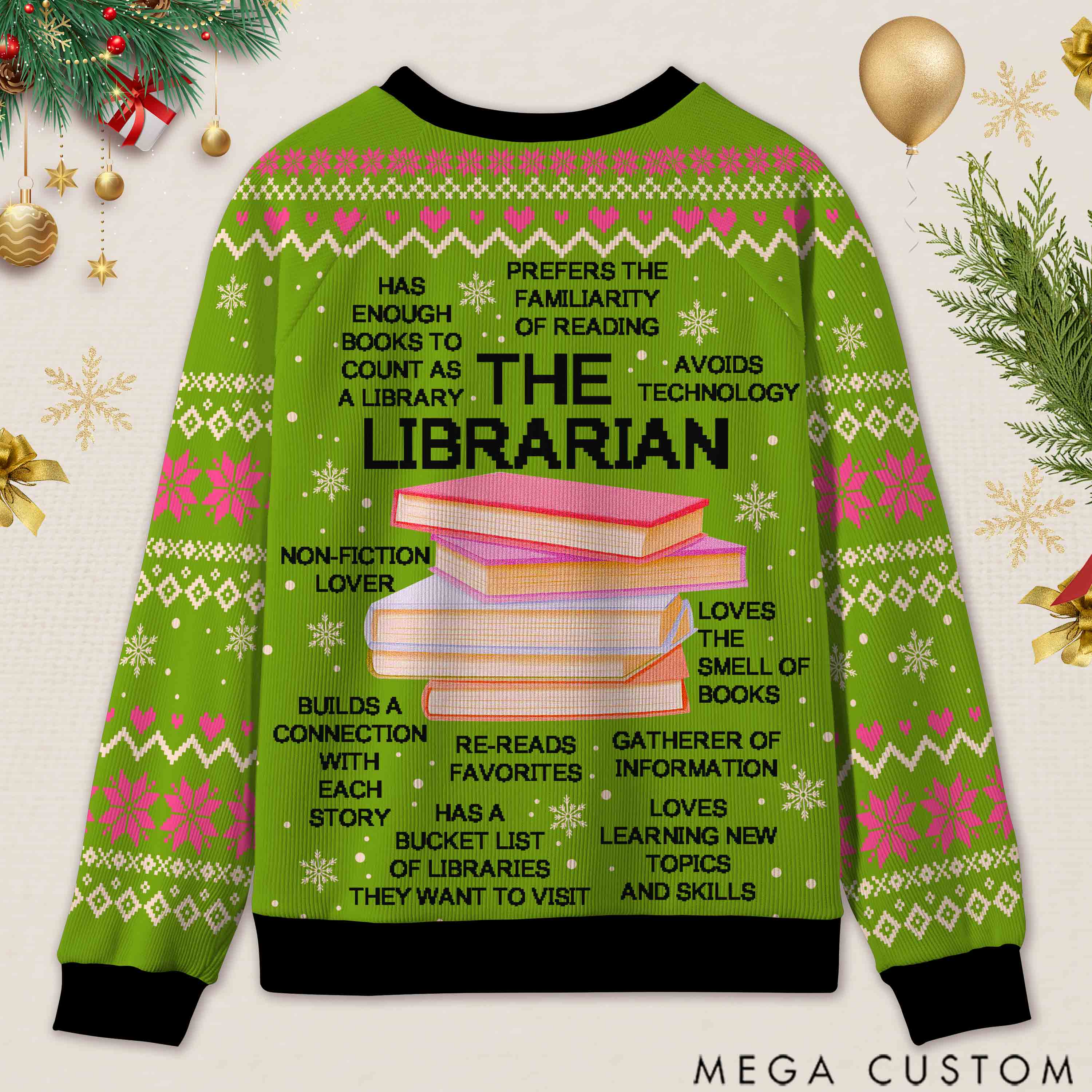 Personalized Librarian Book Spirit Ugly Sweater Holiday Gift for Librarians
