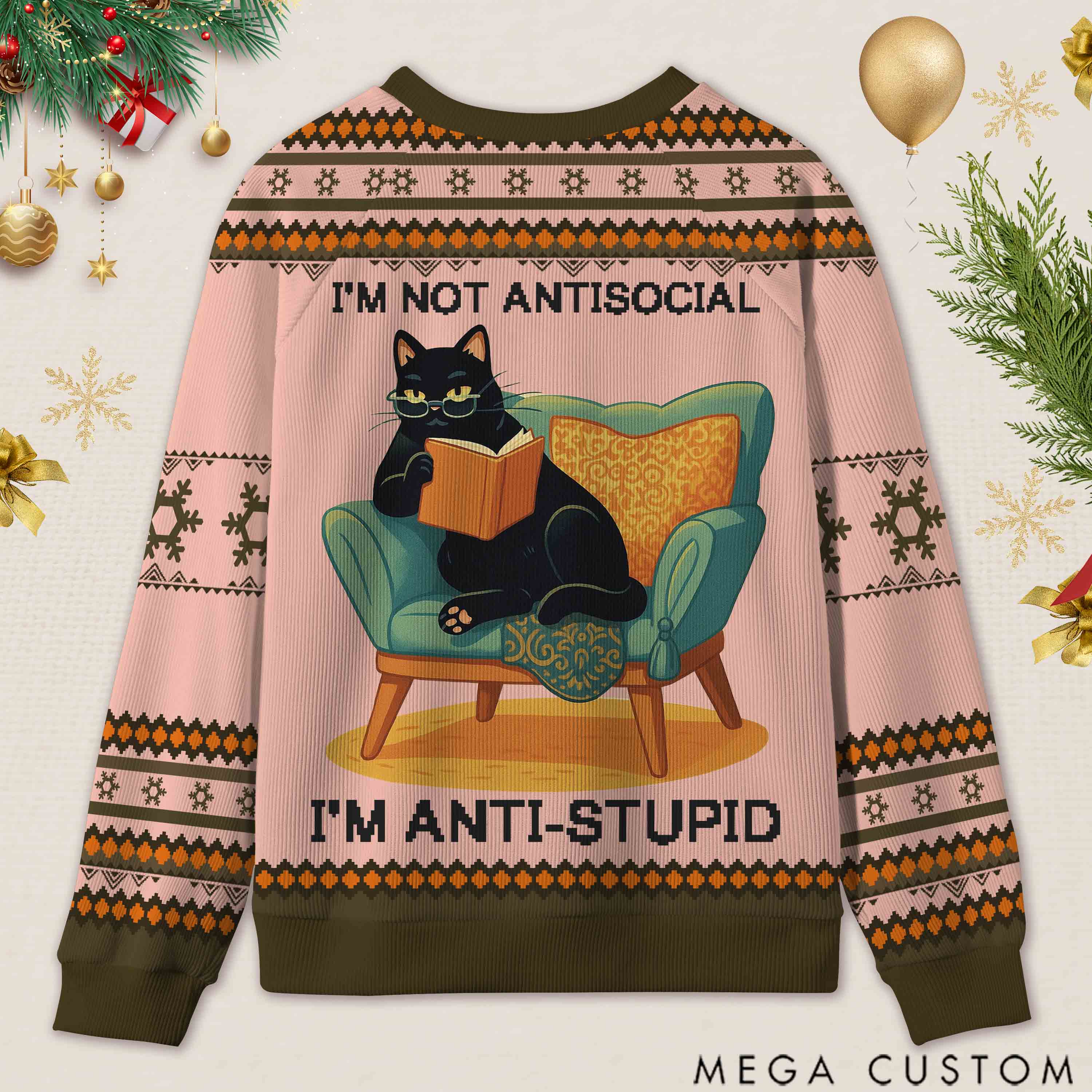 Personalized Wise Bookish Cat Reading Ugly Sweater Holiday Gift for Book Lovers
