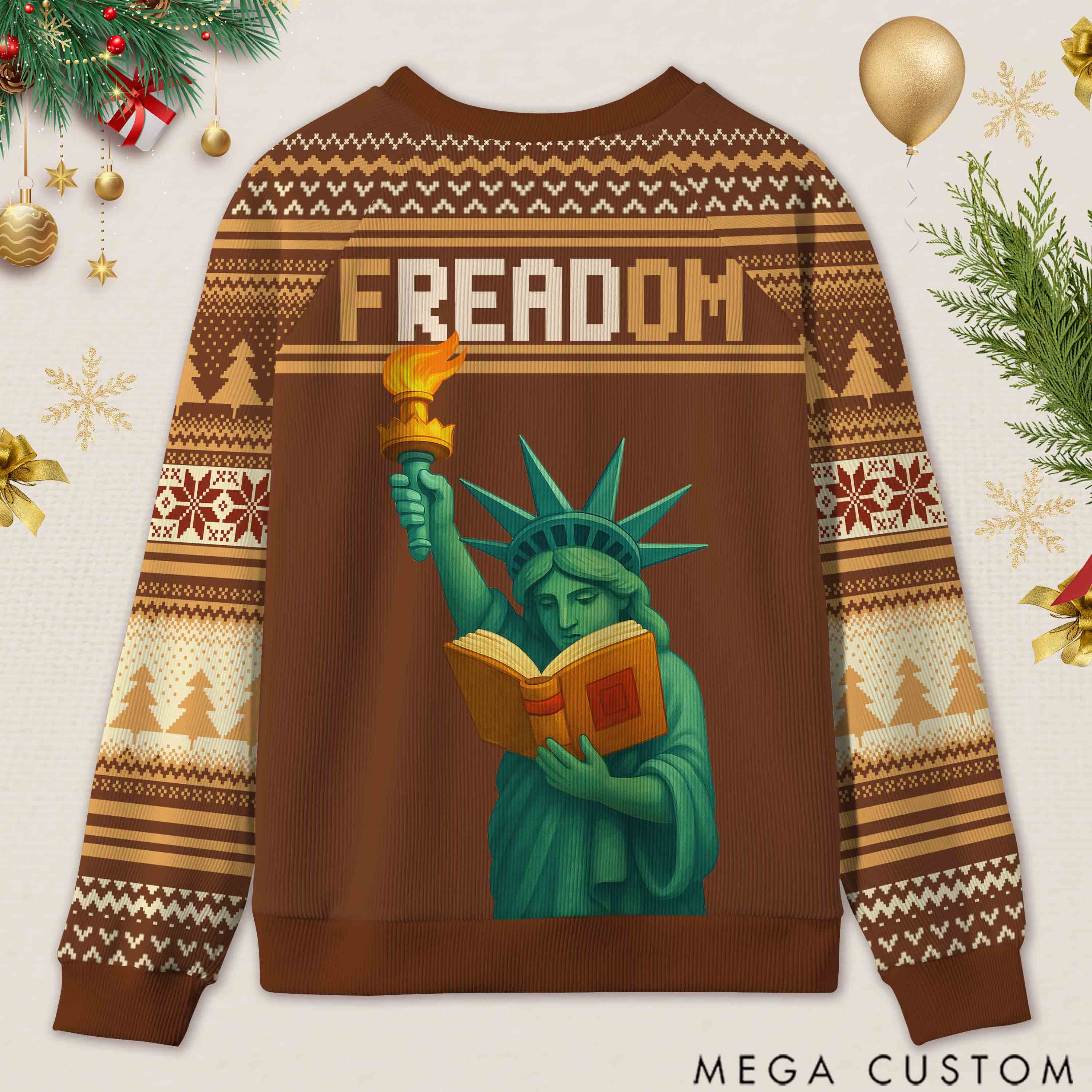 Personalized Reading Freedom Statue Fun Ugly Sweater Holiday Gift for Book Lovers