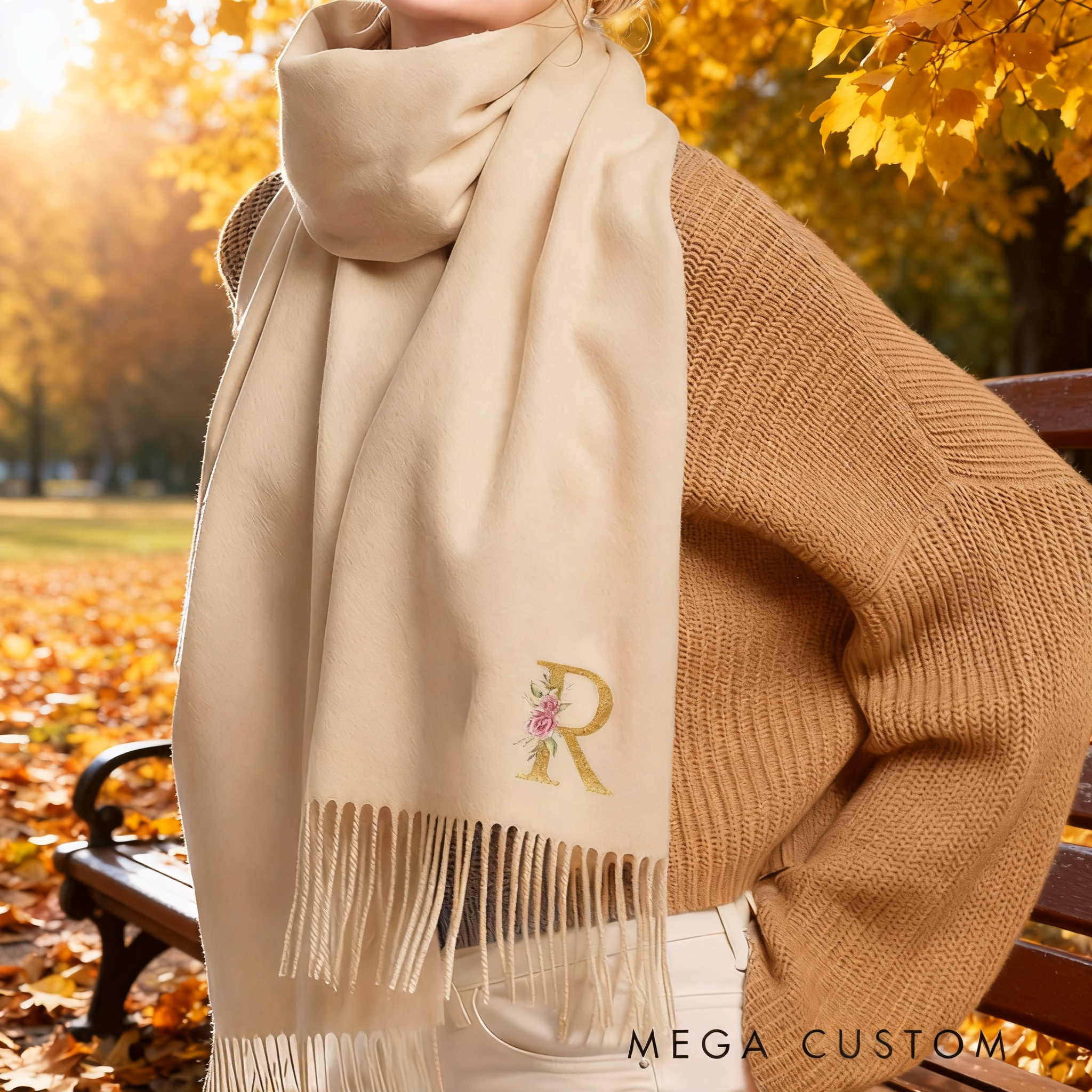 Personalized Initial Scarf Custom Floral Letter Shawl Gift for Women Solid Color Winter Wrap Gifts