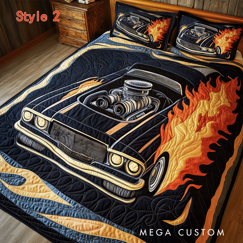 Personalized Flaming Muscle Car Quilt Bed Set Special Line Gift for Racing Lovers