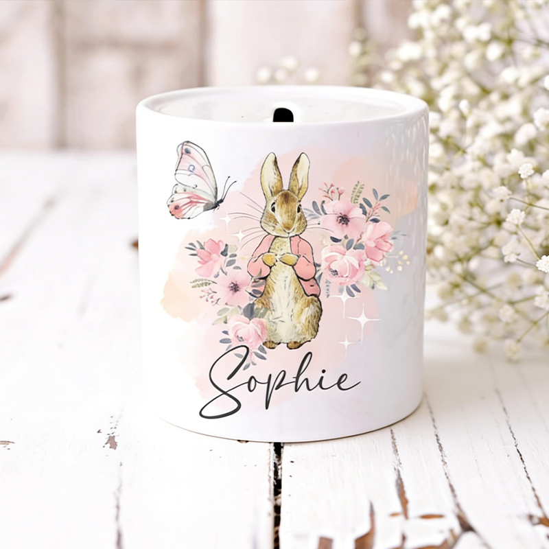 Personalized Easter Bunny Money Bank Custom Name Ceramic Coin Jar for Kids Spring Gifts