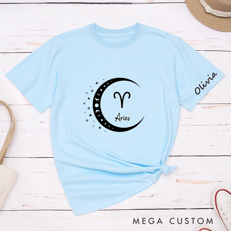 Personalized Aries Zodiac Classic T-Shirts Custom Name Moon and Stars Astrology Birthday Gift for Women Men Unisex Unique Horoscope Tee 