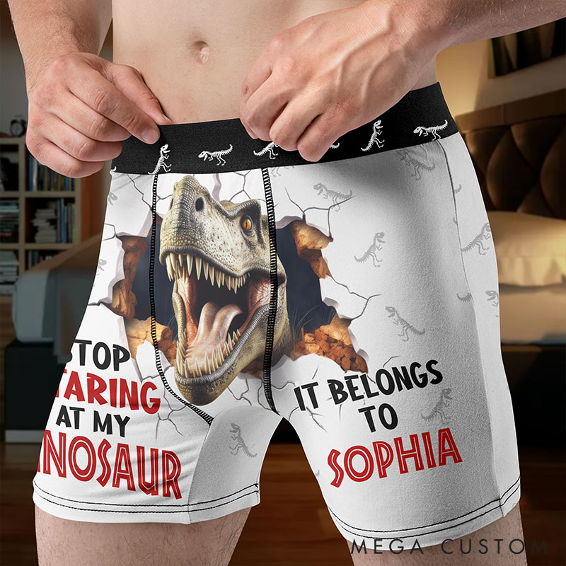 Personalized Man Stop Staring at My Dinosaur It Belongs to Her Boxer Brief Custom Men Underwear with Name Valentines Day Gift for Boyfriend Husband