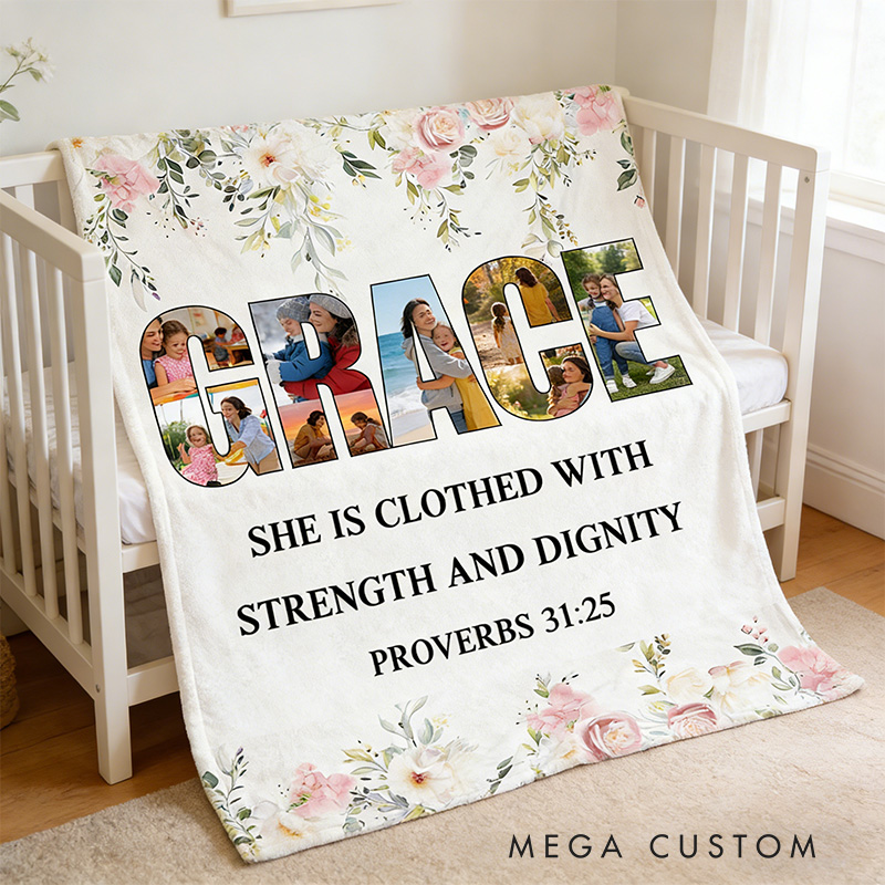 Personalized Grace Proverbs 31:25 Bible Verse Throw Blanket with Custom Photo Floral Blanket Faith Home Decor Religious Gift for Mother
