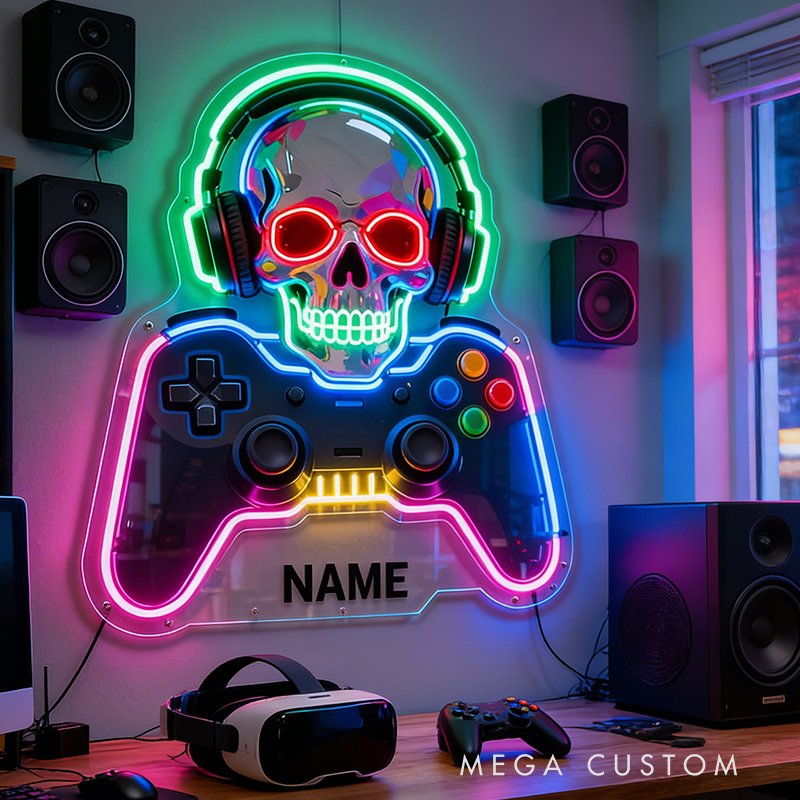 Personalized Skull and Game Controller Neon Decor the Perfect Gift for Gaming Lovers