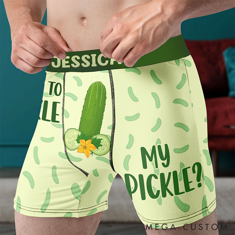 Personalized Man Want to Tickle My Pickle Boxer Brief Custom Man Cucumber Pattern Underwear with Name Valentines Day Gift for Boyfriend Husband