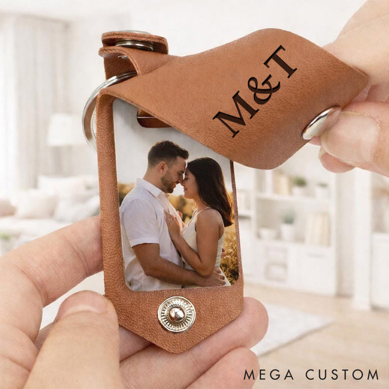 Personalized Photo and Calendar Leather Keychain Couple Leather Keychain with Photo Custom Anniversary Valentine's Gift for Man Woman