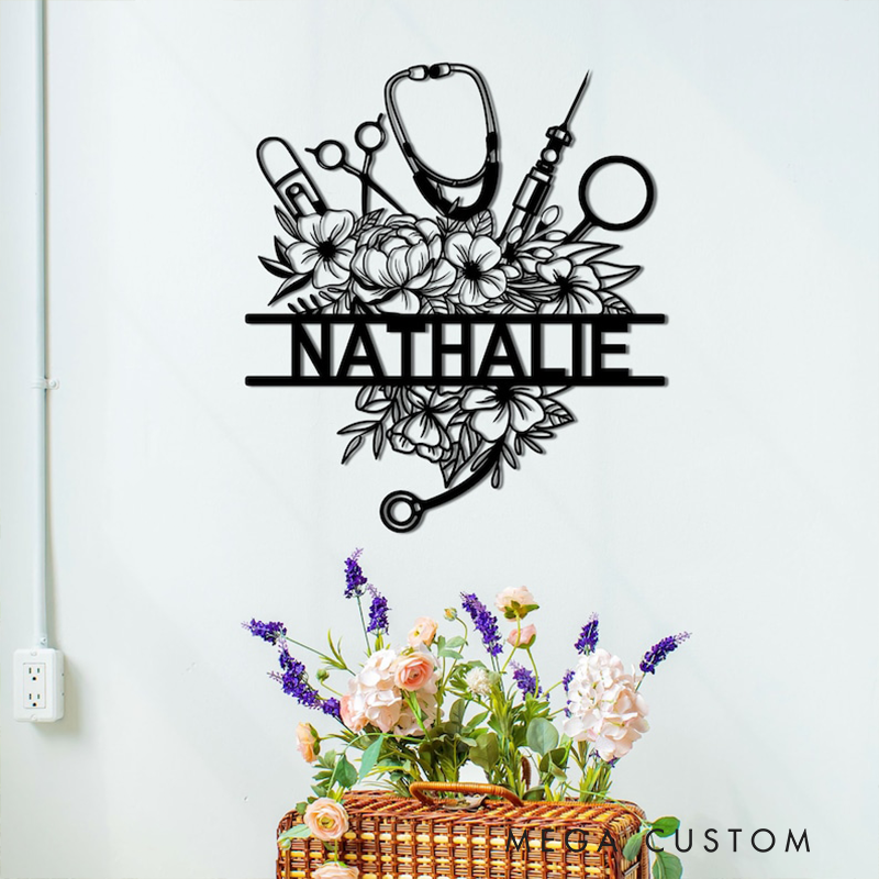 Personalized Nurse Gifts Custom Name Metal Sign Floral Doctor Wall Art Medical Office Decor Gift for Nurse or Healthcare Worker