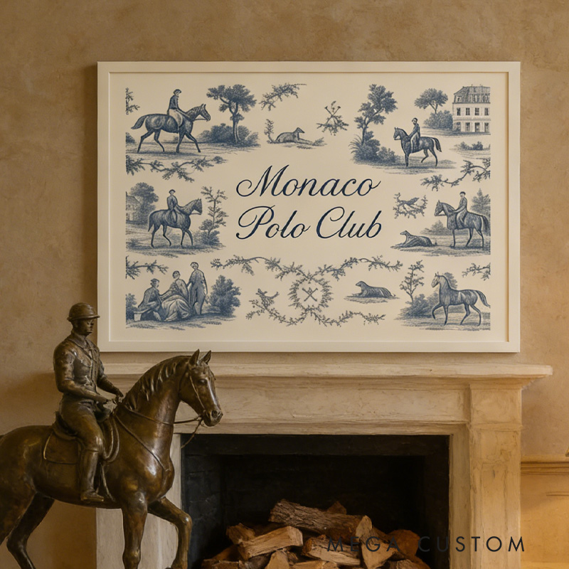 Personalized French Toile Equestrian Art Poster Riding Wall Art Sports Printable Room Art Decor for Equestrian Riding Lovers 
