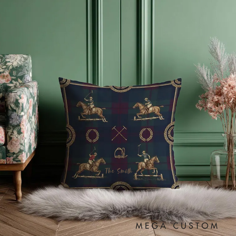 Personalized Equestrian Throw Pillow Polo Horse Pillow Case Tartan Design Pillow Jumping Horse Decor Sport Decor Pillow Covers Polo Gifts for Riding Lovers Equestrian Lovers