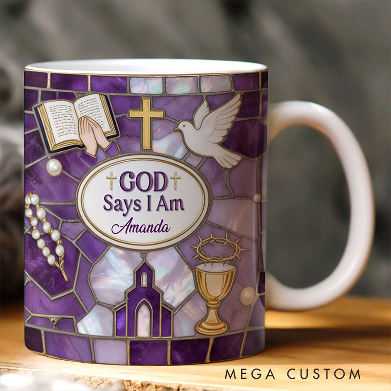 Personalized Stained Glass God Says i am 11oz 15oz Ceramic Mug with Custom Name Purple Coffee Mug Religious Gift for Christians