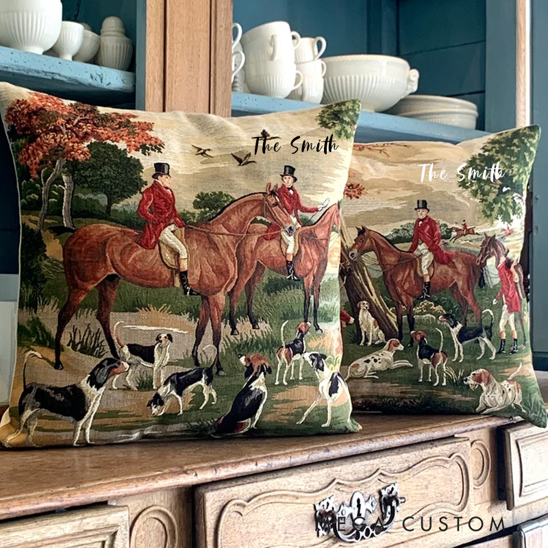 Personalized Equestrian Throw Pillow Fox Hunt Tapestry Pillow Cover English Equestrian Decor for Riding Lovers Equestrian Lovers