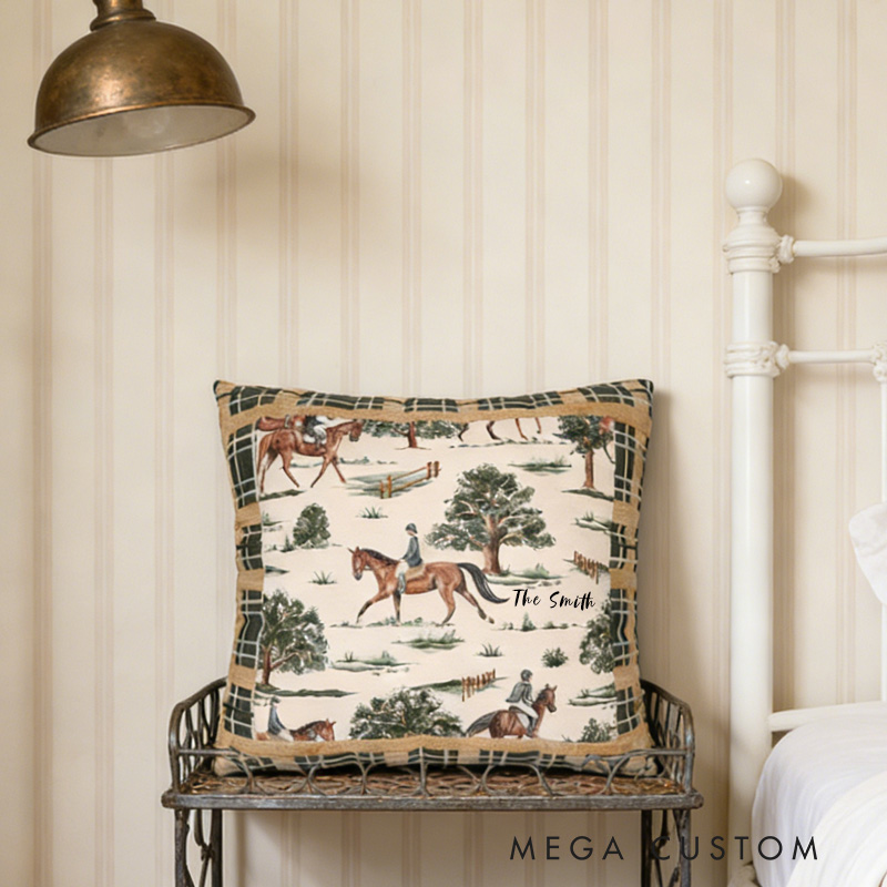 Personalized Equestrian Throw Pillow Equestrian Pillow Cover Plaid Horse Accent Pillow Farmhouse Decor for Riding Lovers Equestrian Lovers