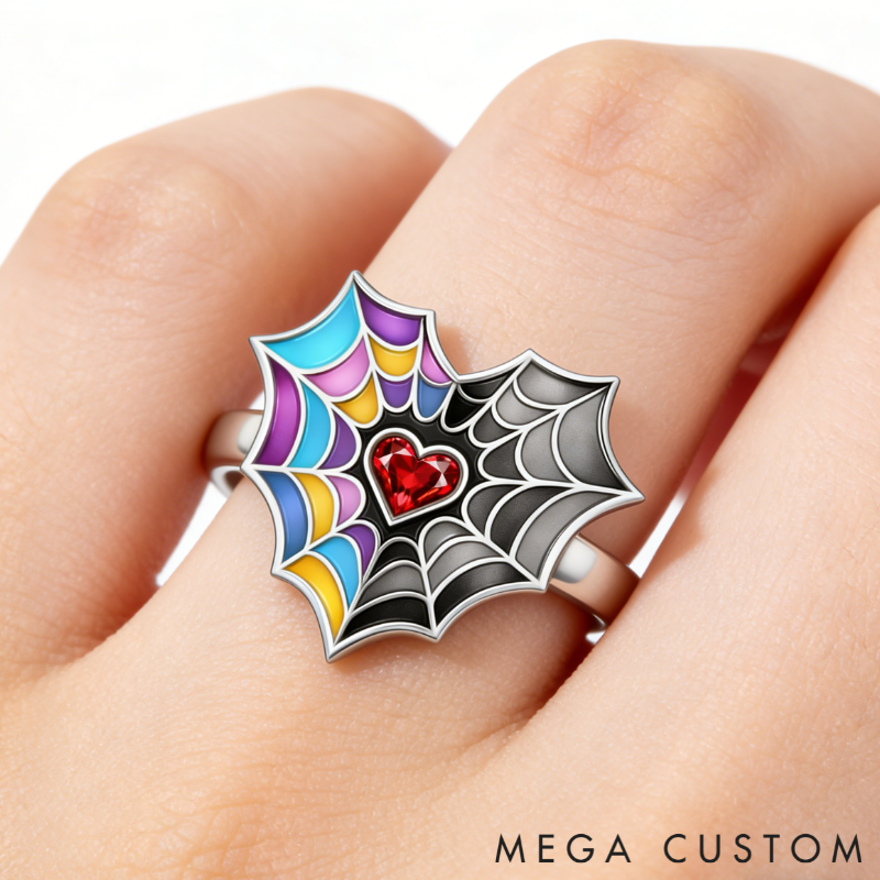 Personalized Birthstone Spiderweb Heart Ring Sterling Silver Ring Symbolic Jewelry Gift for Couples and Best Friends