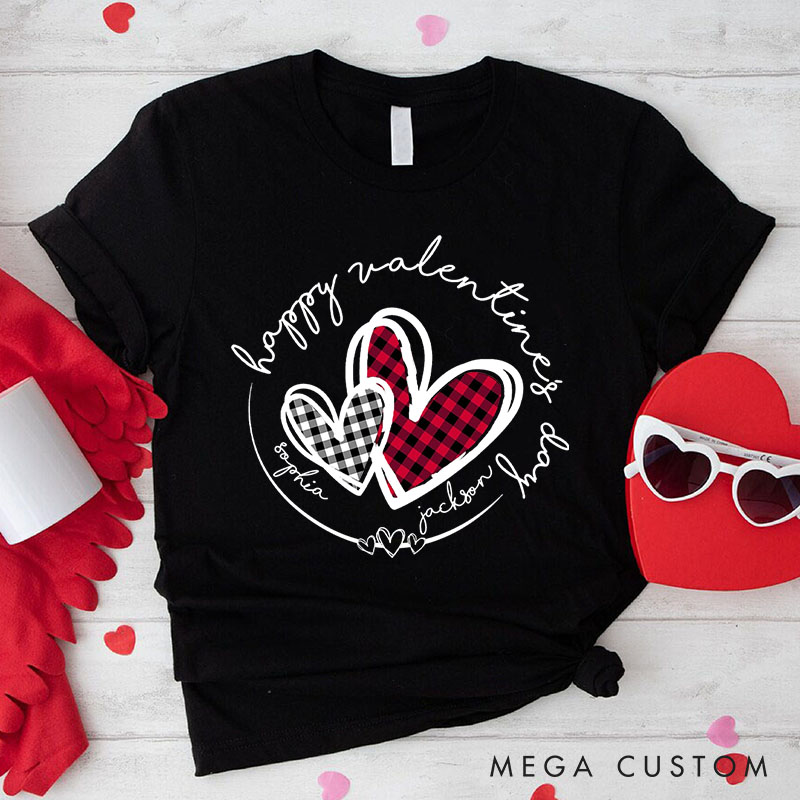 Personalized Couple Plaid Heart with Name Matching T-Shirt Happy Valentine's Day T-Shirt for Husband Wife Boyfriend Girlfriend Gift for Hubby Wifey