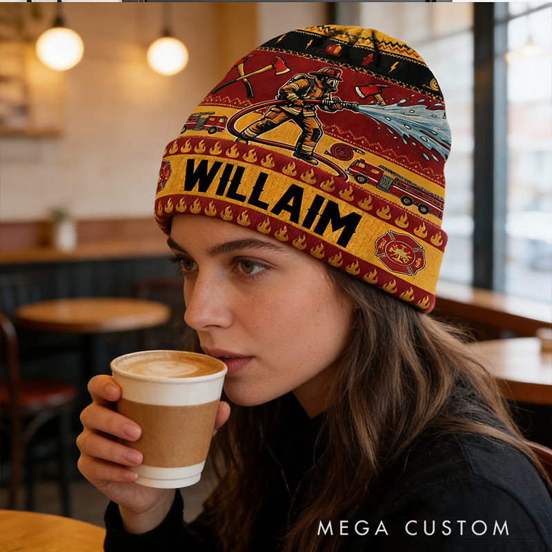 Personalized Firefighter Gifts Custom Name Beanie Hat Warm Winter Knit Cap for Firemen Firefighter Appreciation Gift