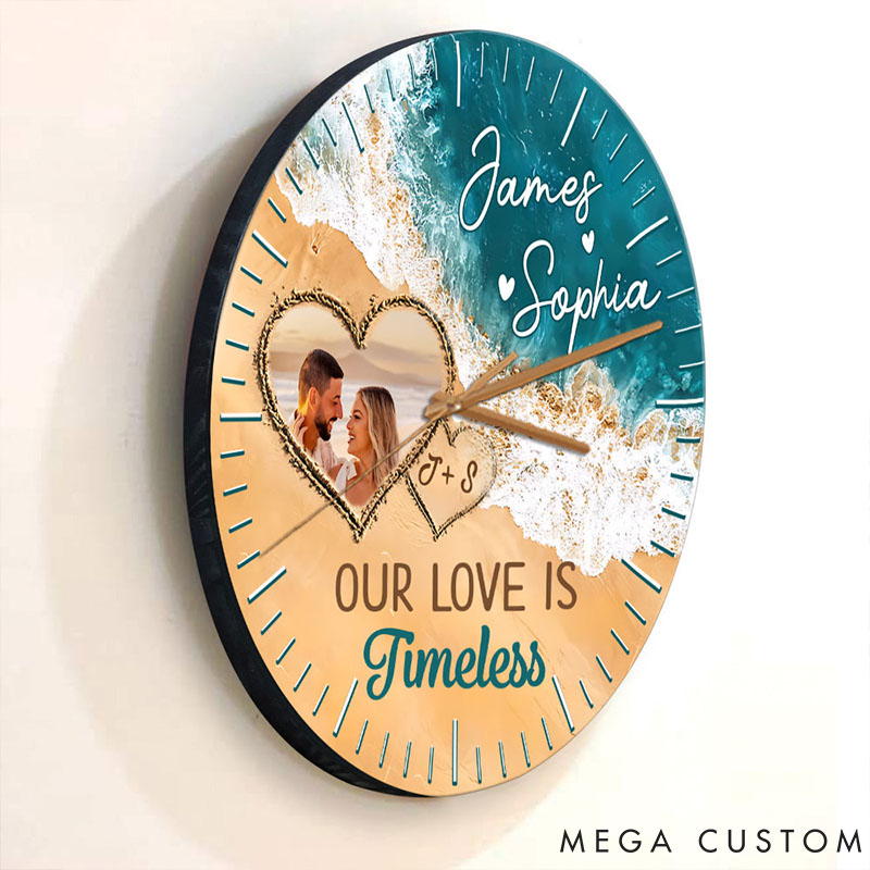 Personalized Couple Photo Our Love is Timeless Wall Clock Custom Beach-inspired Wall Clock with Couple Photo Anniversary Gift Valentine's Day Gift