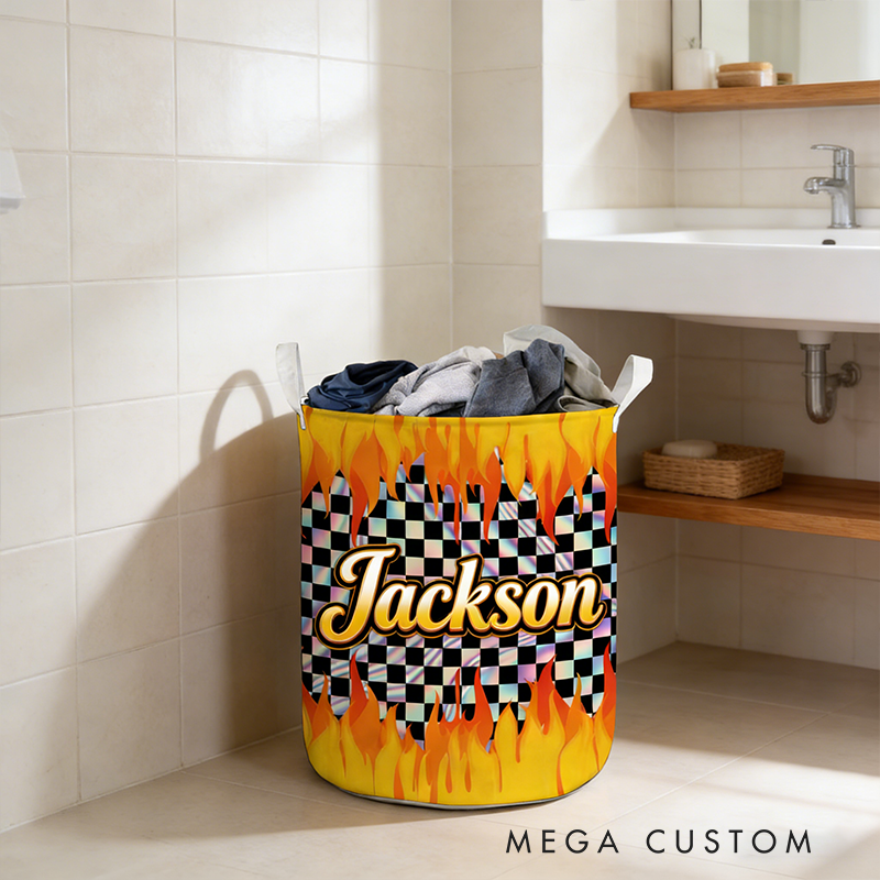 Personalized Racing Gifts Custom Name Laundry Basket Flame Checkered Storage Bin Race Car Lover Room Organizer Decor