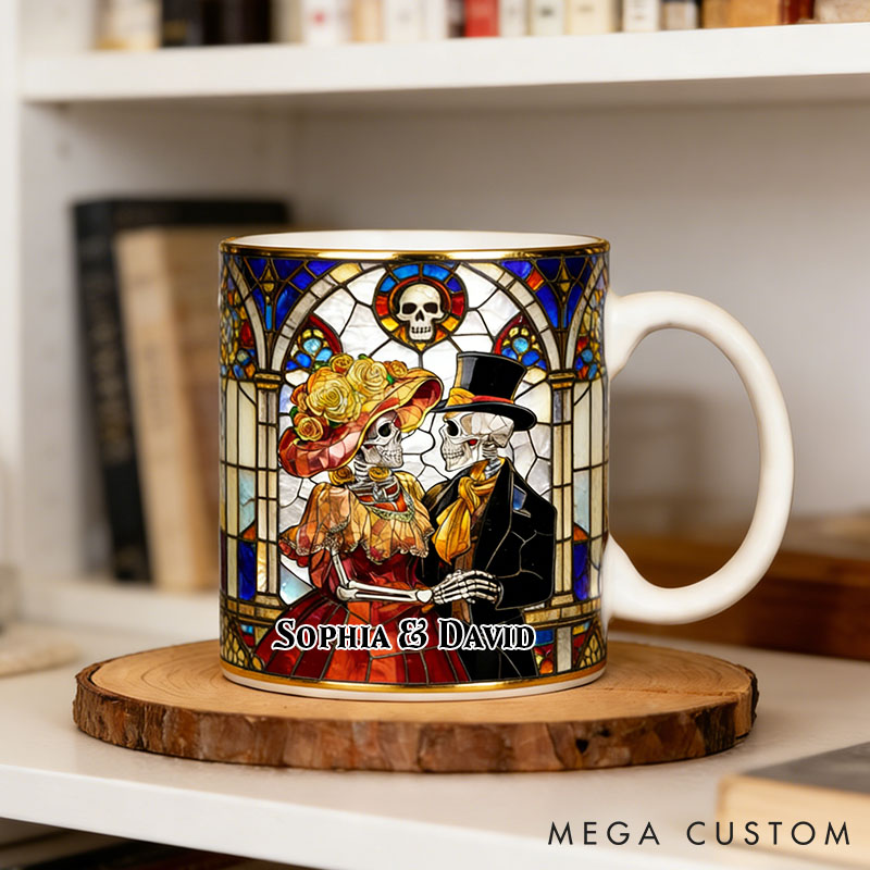 Personalized Gothic Couple Mug Till Death Do Us Part 3D Effect Graphic Mug Couple Skeleton Church Wedding Coffee Cup Anniversary Valentine