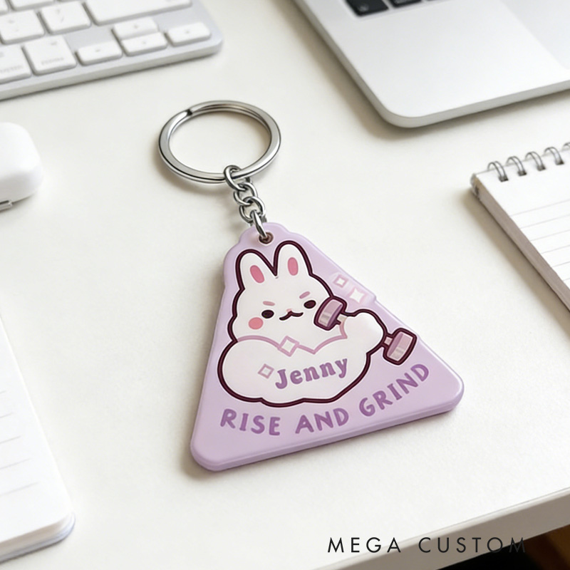 Personalized Rise and Grind Keychain Cute Bunny Keychain Acrylic Epoxy Workout Motivational for Gym Lovers