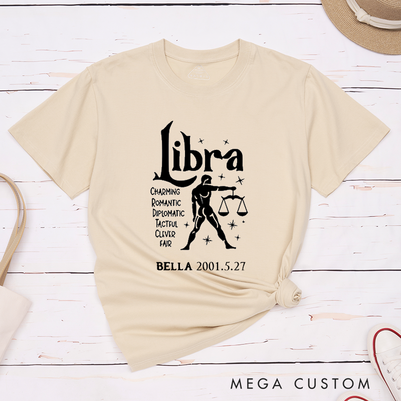 Personalized Libra Zodiac Classic T-Shirt for Women and Men Custom Birthday Gift Horoscope Graphic Unique Astrology Tee