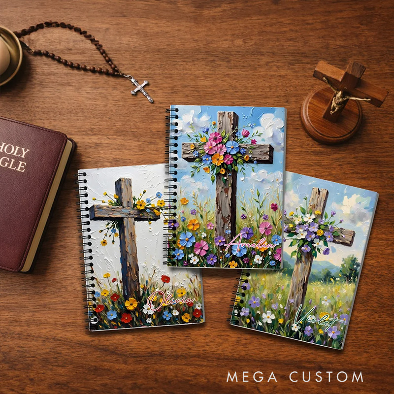 Personalized Flower Cross A5 Spiral Notebook with Name Back to School Birthday Gift Religious Gift for Christian Student