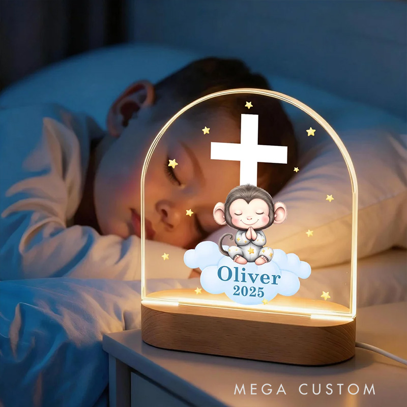 Personalized Cross Star Praying Animal Wooden Base Acrylic LED Night Light with Name Baptism Birthday Gift Religious Gift for Kids
