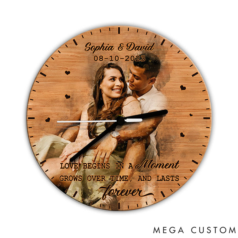 Personalized Couple Photo Love begins in a moment Wall Clock Custom Wall Clock with Couple Portrait Anniversary Gift Valentine's Day Gift for Him Her