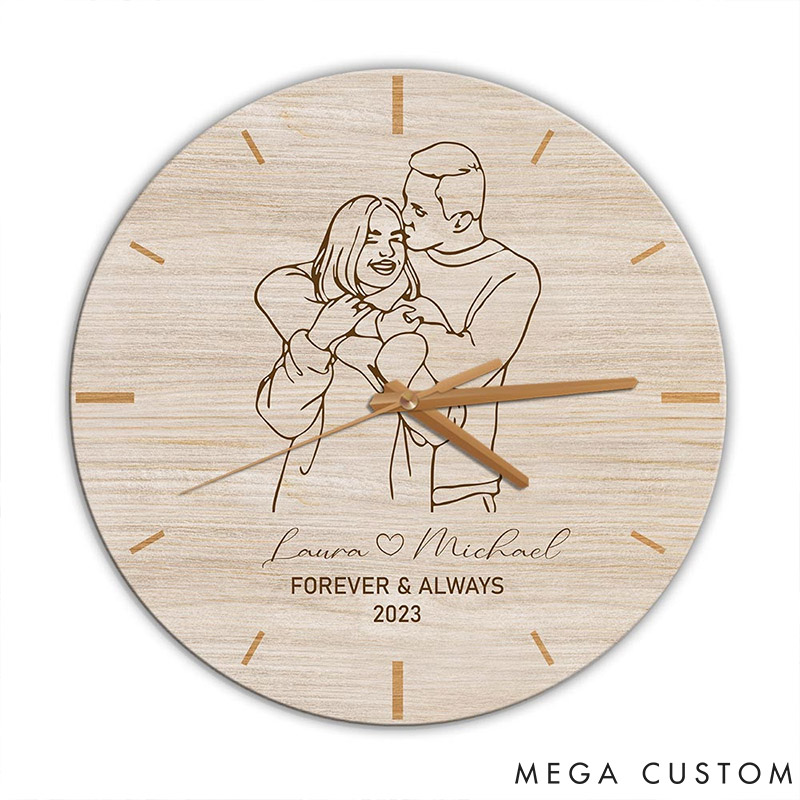 Personalized Couple Photo Forever and Always Wall Clock Custom Wall Clock with Couple Photo Line Portrait Anniversary Valentine's Day Gift for Him Her