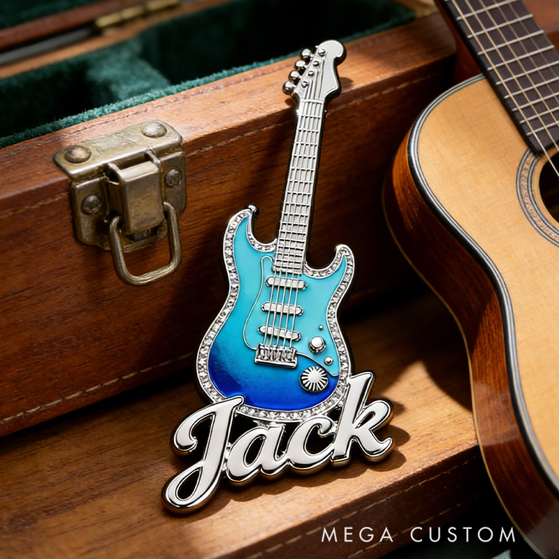 Personalized Custom Blue Ombre Electric Guitar Enamel Pin – Personalized Name Lapel Pin for Guitarists