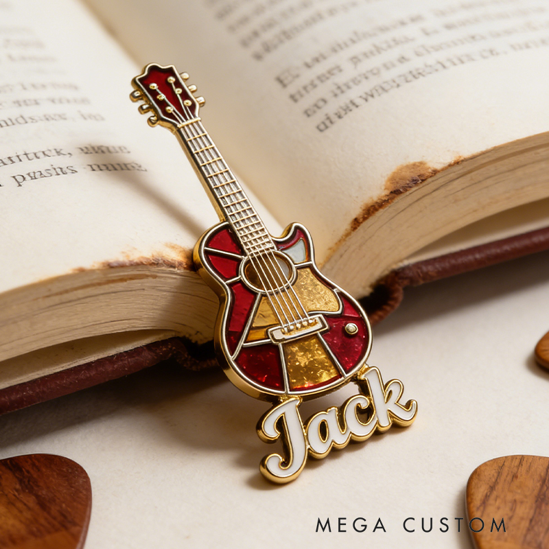 Personalized Custom Stained Glass Acoustic Guitar Enamel Pin – Personalized Name Lapel Pin for Music Lovers