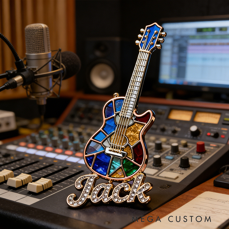 Personalized Custom Stained Glass Electric Guitar Enamel Pin – Personalized Name Lapel Pin for Music Enthusiasts