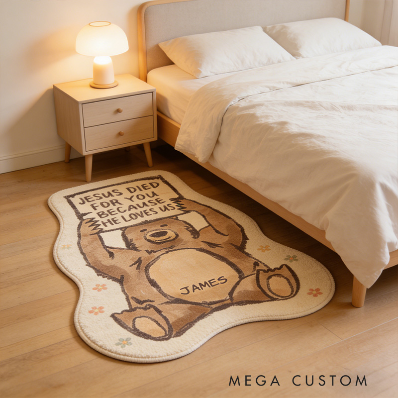 Personalize Jesus Loves us Bear Christian Rug with Custom Name Faith Rug Religious Gift Christian Gift for Jesus Lover