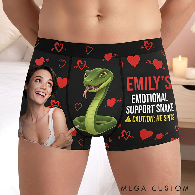 Personalized Girlfriend Wife Face Boxer Brief She’s Emotional Support Snake Men Underwear with Woman Face Valentines Day Gift for Boyfriend Husband