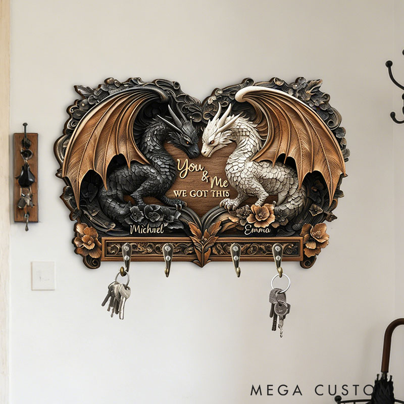 Personalized Dragon Couple You and Me We Got This Wooden Key Holder Custom Graphic 3D Printed Effect Key Hanger Anniversary Valentines Day Gift