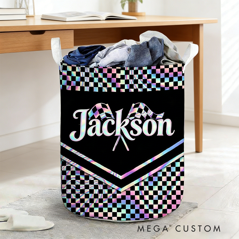 Personalized Racing Gifts Custom Name Laundry Basket Checkered Flag Storage Bin Race Car Lover Room Organizer Decor