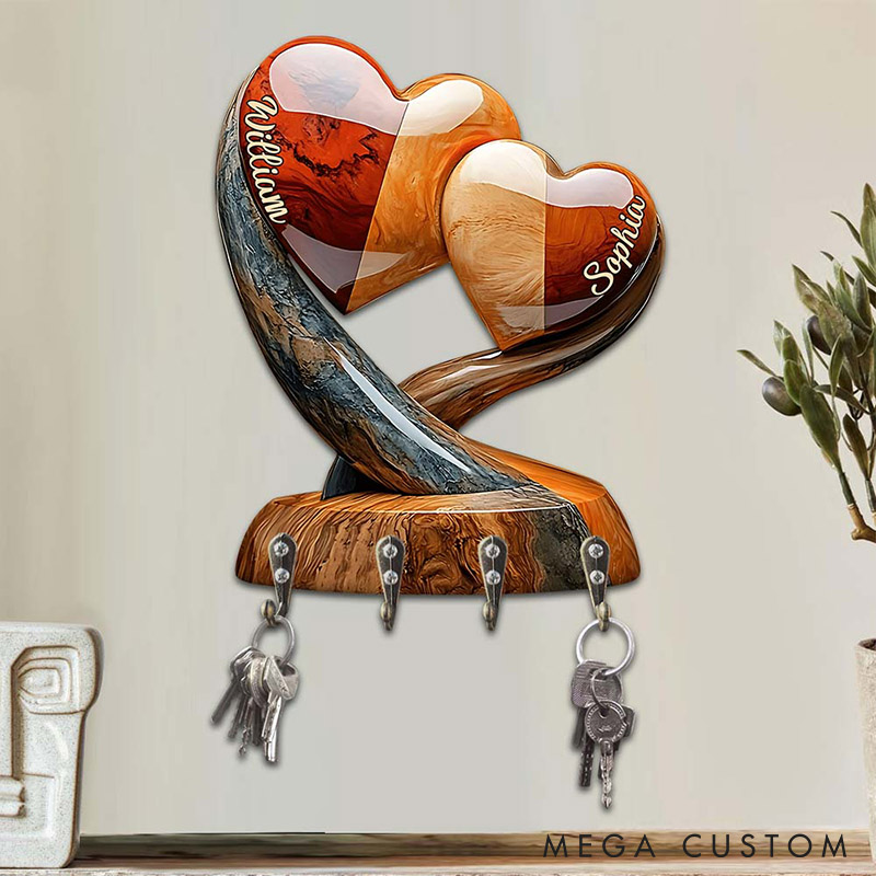 Personalized Couple Two Intertwined Hearts Wooden Key Holder Custom Shaped Graphic 3D Printed Effect Key Hanger Anniversary Valentines Day Gift