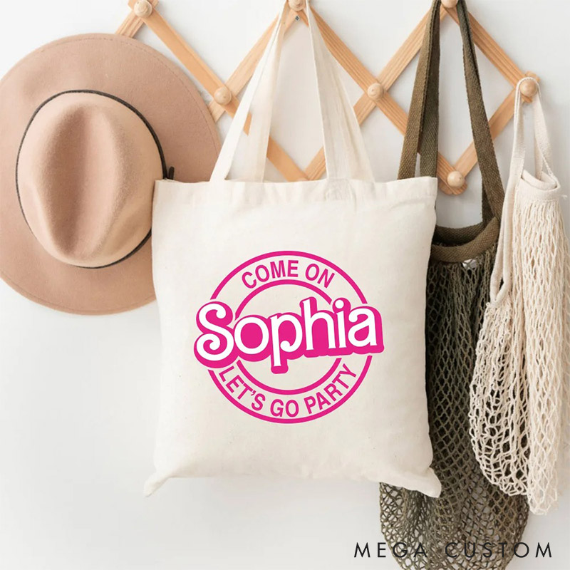 Personalized Pink Doll Inspired Reusable Canvas Tote Bag with Name Valentines Day Gift for Friend Galentines Gift for Besties