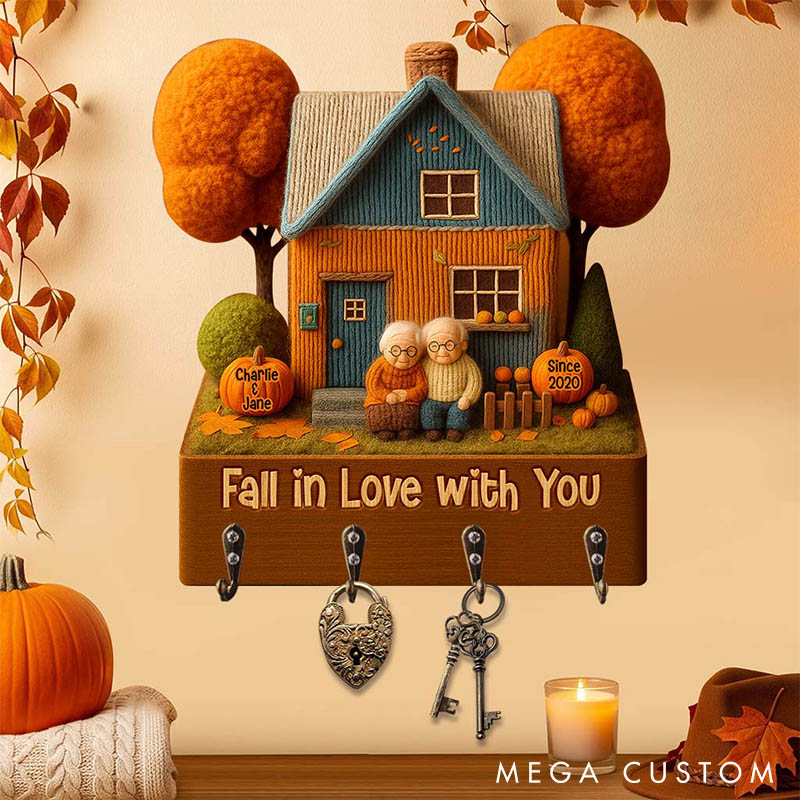 Personalized Old and Young Couple Fall in Love with You Wooden Key Holder Custom Shaped Graphic 3D Printed Key Hanger Anniversary Valentine's Day Gift