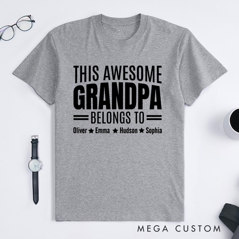 Personalized Grandpa T-Shirt Custom This Awesome Grandpa Belongs To Gift for Grandfather Father's Day Birthday Comfortable Cotton Shirt for Men