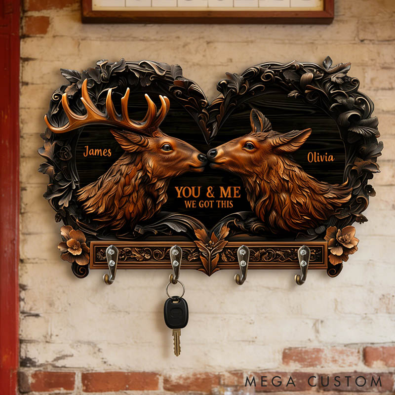 Personalized Deer Couple You and Me We Got This Wooden Key Holder Custom Shaped Graphic 3D Printed Key Hanger Anniversary Valentine's Day Gift