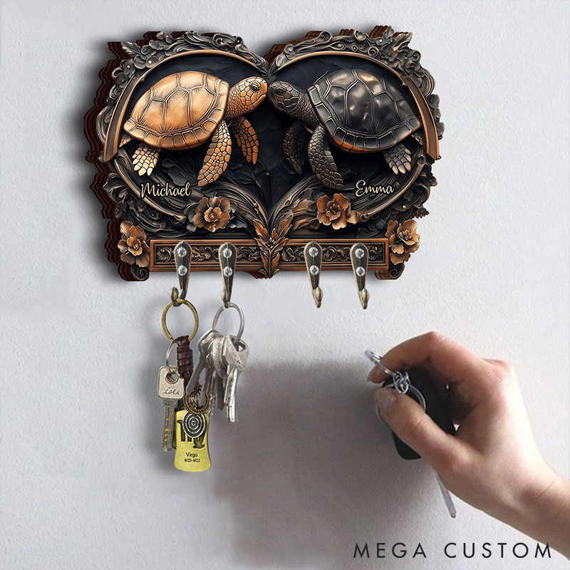 Personalized Turtle Couple Retro Wooden Key Holder Custom Shaped Graphic 3D Printed Key Hanger Anniversary Gift Valentine's Day Gift for Him Her