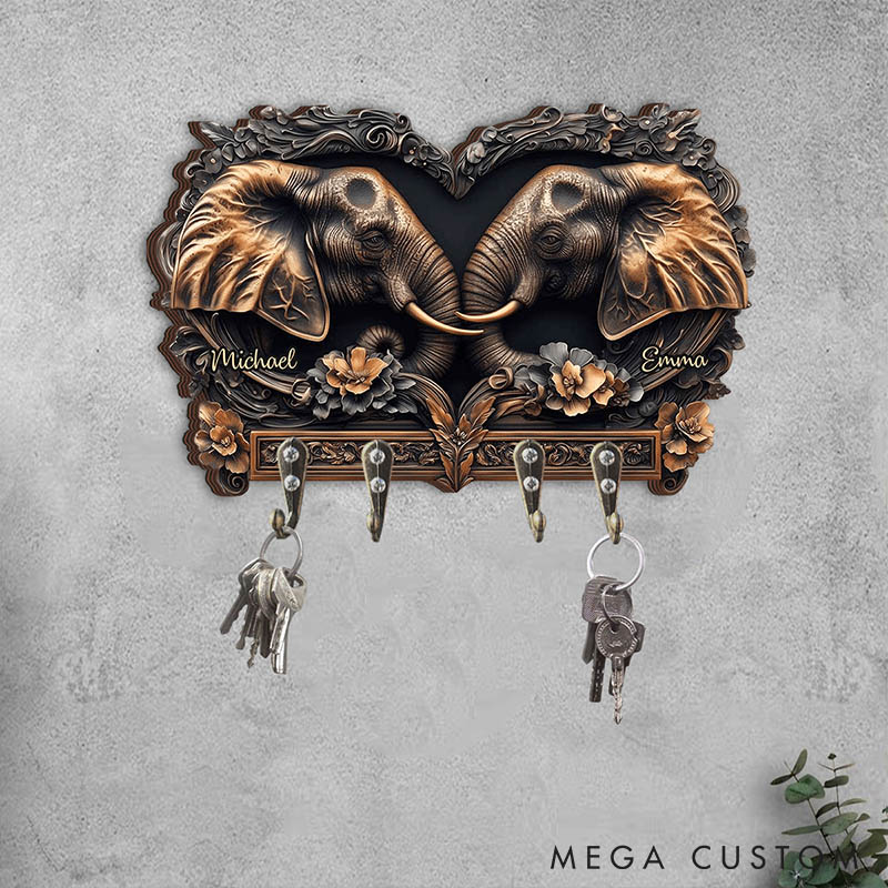 Personalized Elephant Couple Retro Wooden Key Holder Custom Shaped Graphic 3D Printed Key Hanger Anniversary Gift Valentine's Day Gift for Him Her