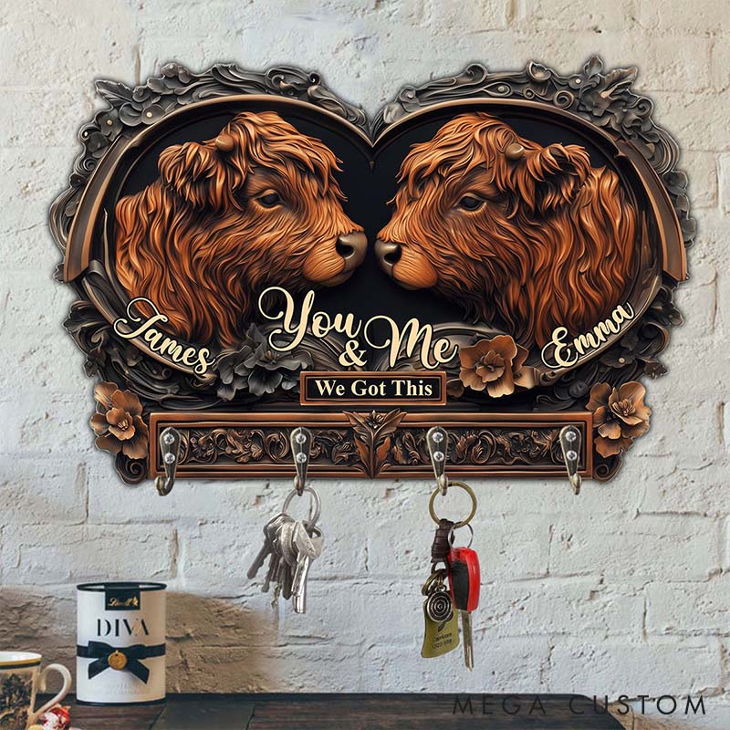 Personalized Highland Cow Couple You and Me We Got This Wooden Key Holder Custom Shaped Graphic 3D Printed Key Hanger Anniversary Valentine's Day Gift