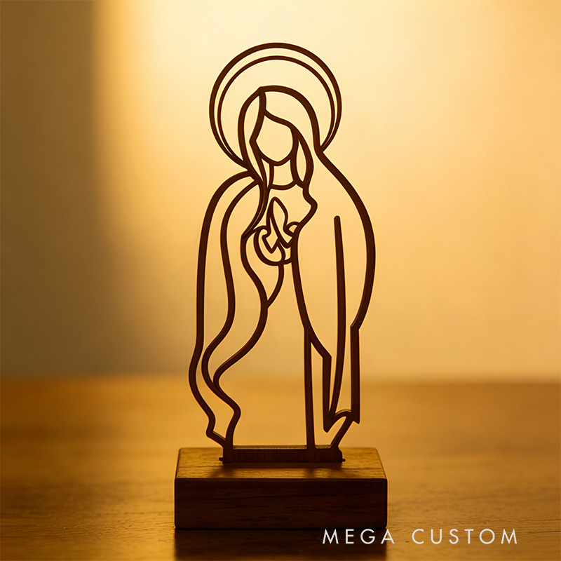 Personalized Inspirational Virgin Mary Art Wooden Plaque with Engraved Text Desktop Decor Birthday Religious Baptism Gift for Christian Family