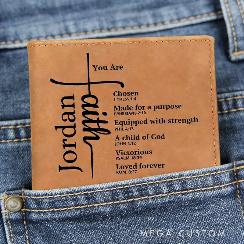 Personalized you are Faith Cross Bibel Verse Leather Bifold Wallet with Custom Name Christian Pocket Wallet Religious Gift for Men Dad